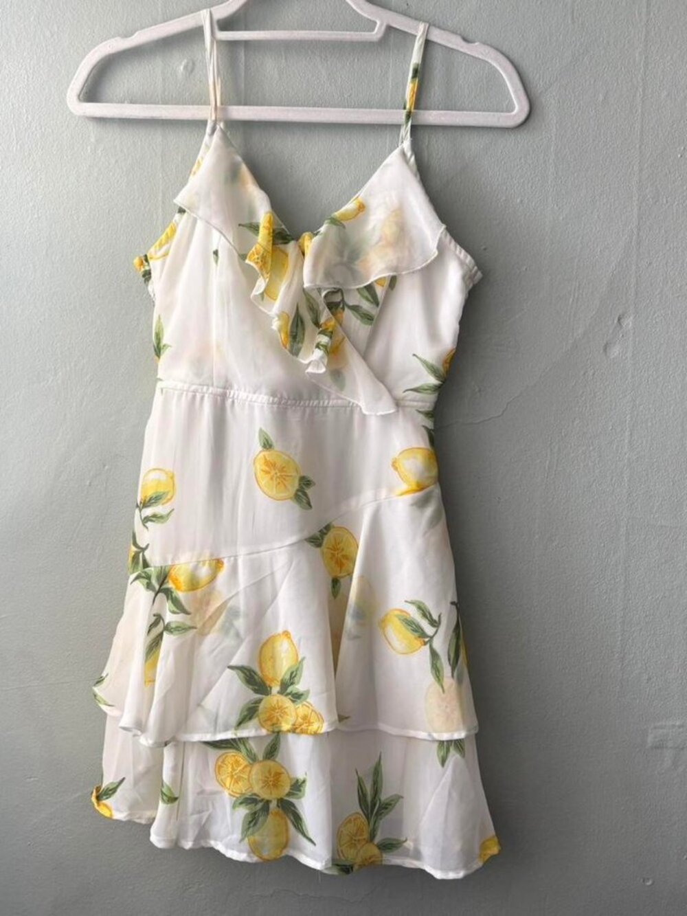 White Lemon Print Ruffle Cami Dress